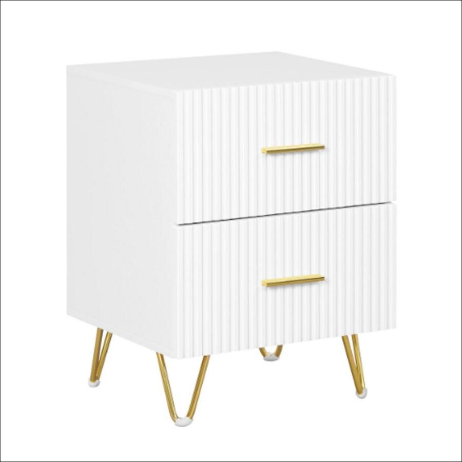 Nachtkastje Bedside Table – Modern – 2 lades – Vierkant – Wit met gouden accenten – Opbergruimte – Stabiel – Duurzaam – Minimalistisch – Voor slaapkamer en woonkamer – Gemakkelijk te monteren
