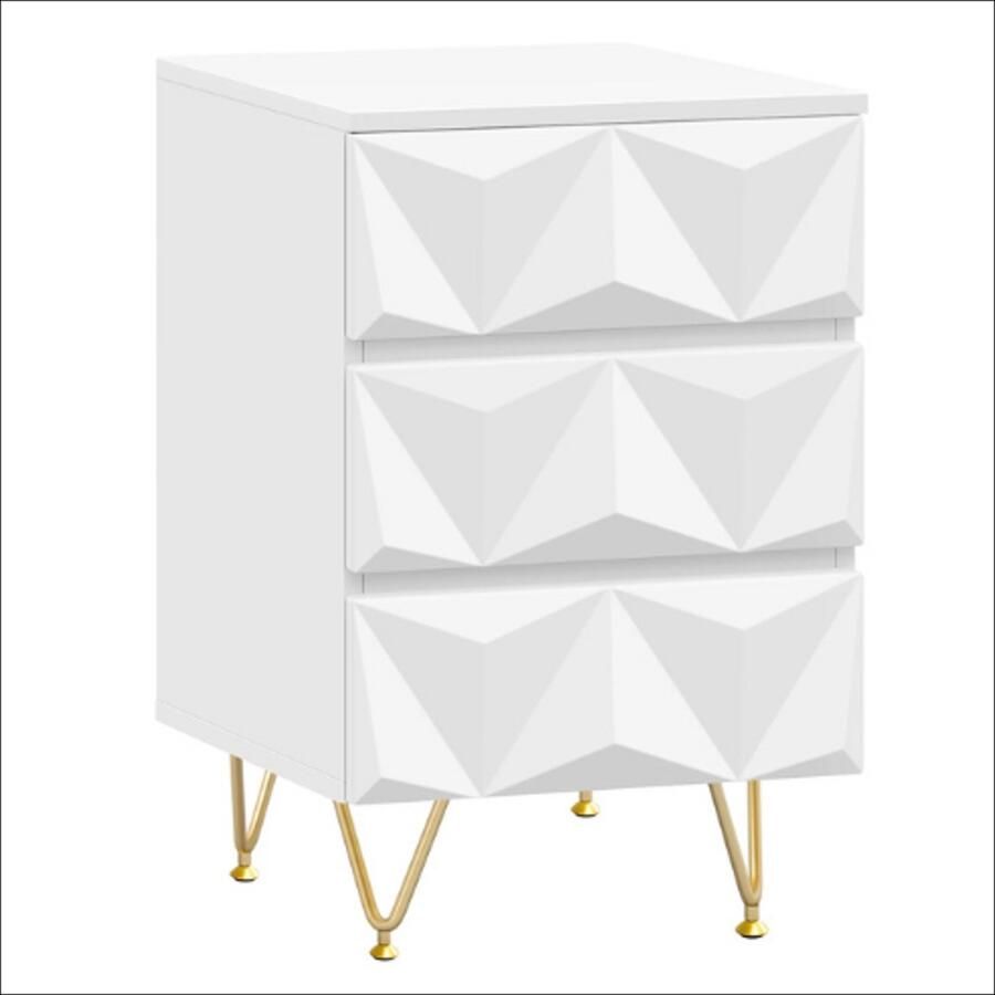 Nachtkastje Bedside Table – Modern – 3 lades – 3D-effect – Wit met gouden accenten – Opbergruimte – Stabiel metalen frame – Duurzaam – Minimalistisch – Voor slaapkamer en woonkamer – Gemakkelijk te monteren