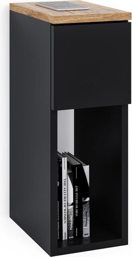 Nachtkastje Bedtafeltjes Smal Nachtkastje met Lade Smalle Bijzettafel met Opbergplank Zwart. Afmetingen: B20 x H55 x D30 cm