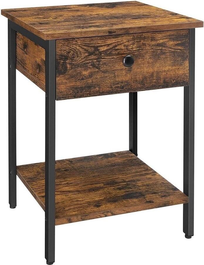 Woon Wereld Nachtkastje Bijzettafe Met lade en plank Vintage bruin zwart