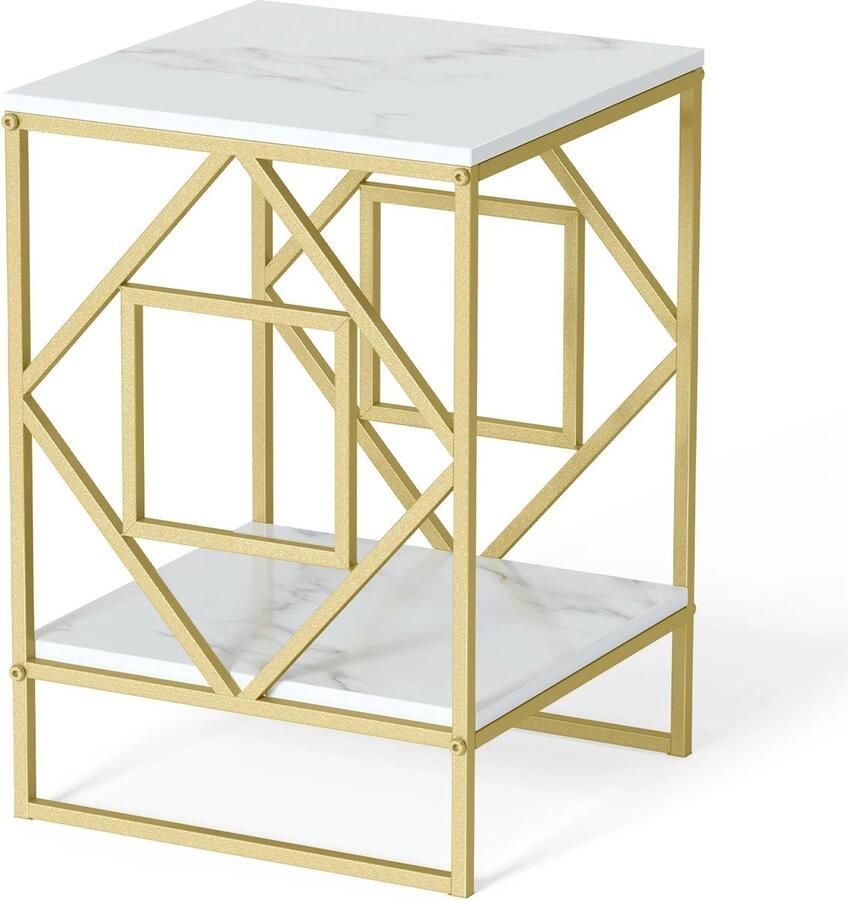 Nachtkastje Bijzettafel 2 Laags Wit Goud Marmer Blad Luxe Modern Opbergruimte Meubel 40 x 40 x 58.5 cm