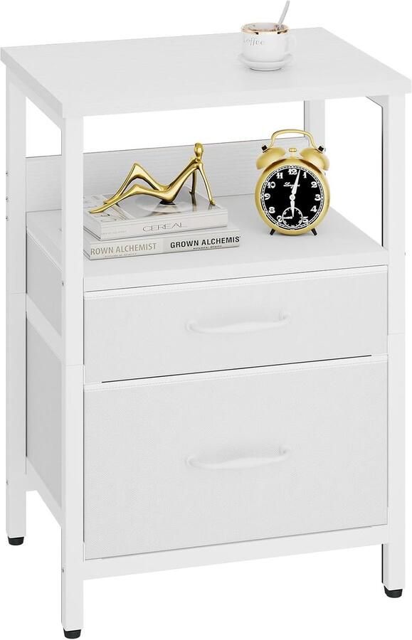 Nachtkastje bijzettafel 2 opberglades van stof en open vak metalen frame 40 x 30 x 53 8 cm voor woonkamer slaapkamer houtnerf wit