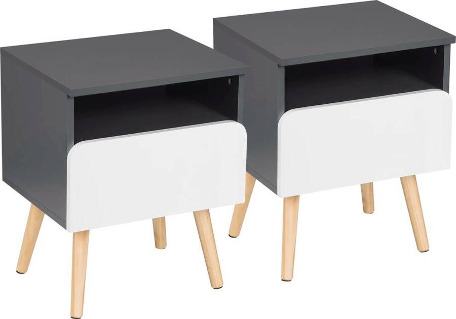 Nachtkastje Bijzettafel 2 Stuks Industrieel Set van 2 Houten Nachtkastje Wit Grijs Vierkant Met lade