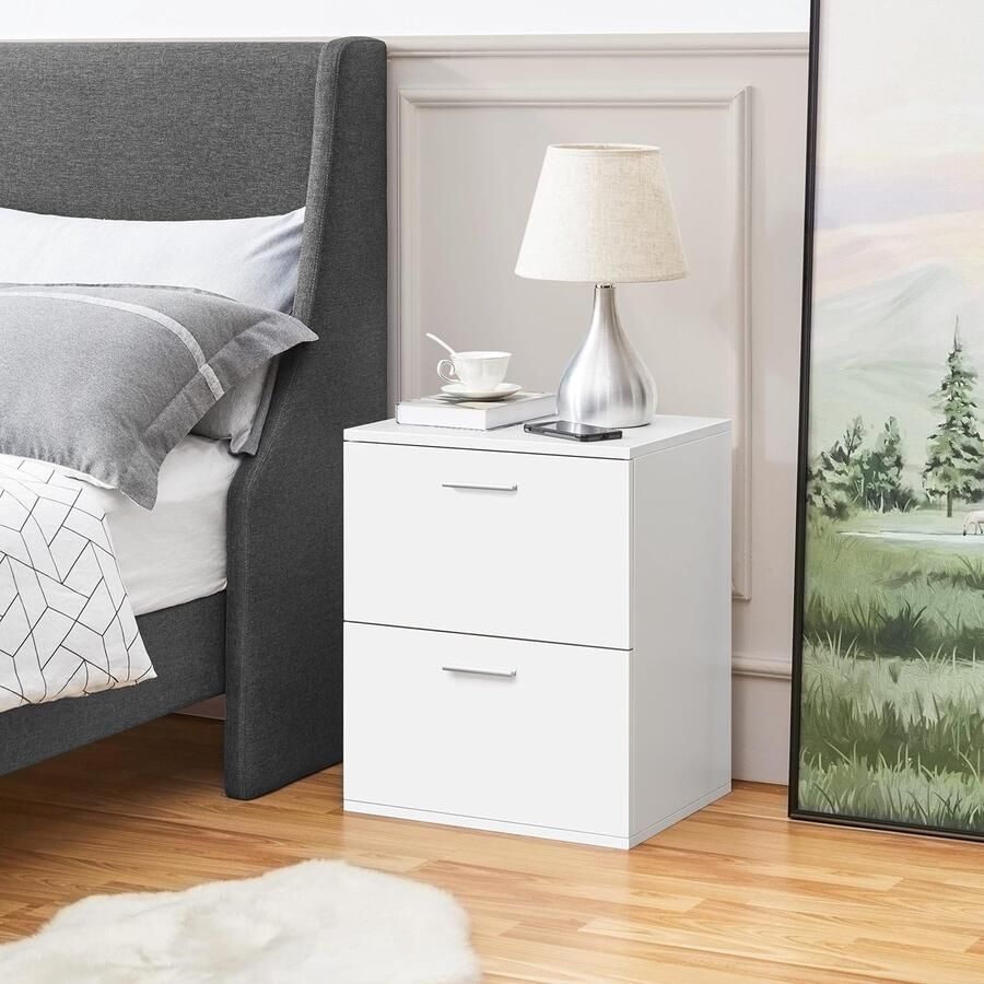 Nachtkastje bijzettafel banktafel met 2 schuifladen metalen handgrepen 55 cm hoog wit