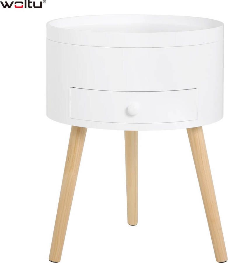 Nachtkastje Bijzettafel Industrieel Houten Nachtkastje Wit Rond Met lade