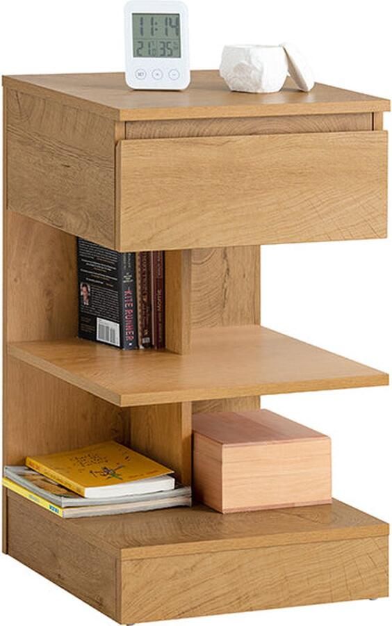 Rootz Living Rootz Nachtkastje Bijzettafel Ladekast Ruime opbergruimte met 3 planken en lade Compact ontwerp past in smalle ruimtes Eenvoudige montage PB(E1) Materiaal 39cm x 65cm x 39cm Natuurlijke afwerking FBT49-N