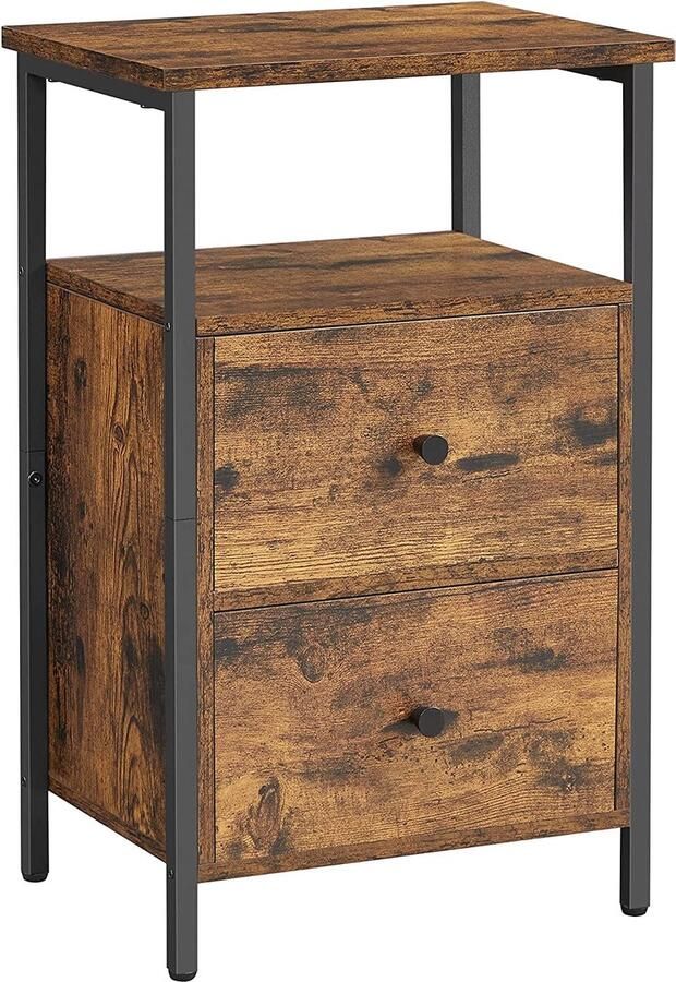 ZAZA Home Nachtkastje Bijzettafel Met 2 Laden Voor Slaapkamer Woonkamer Industrieel Ontwerp Vintage Bruin Zwart