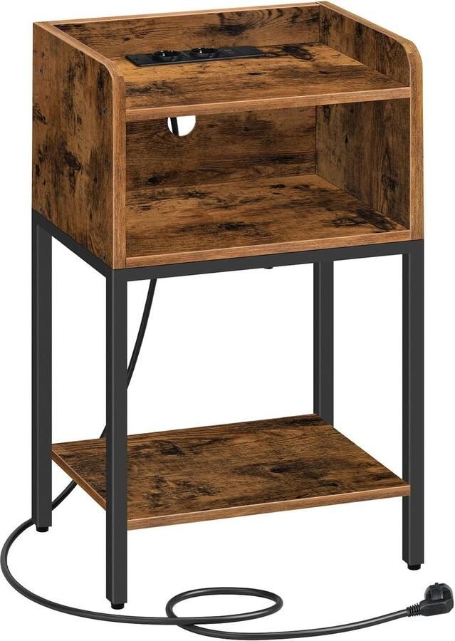 Nachtkastje met Laadstation – Tafel met Stopcontacten & USB 3 Opbergniveaus Industrieel Vintage Design