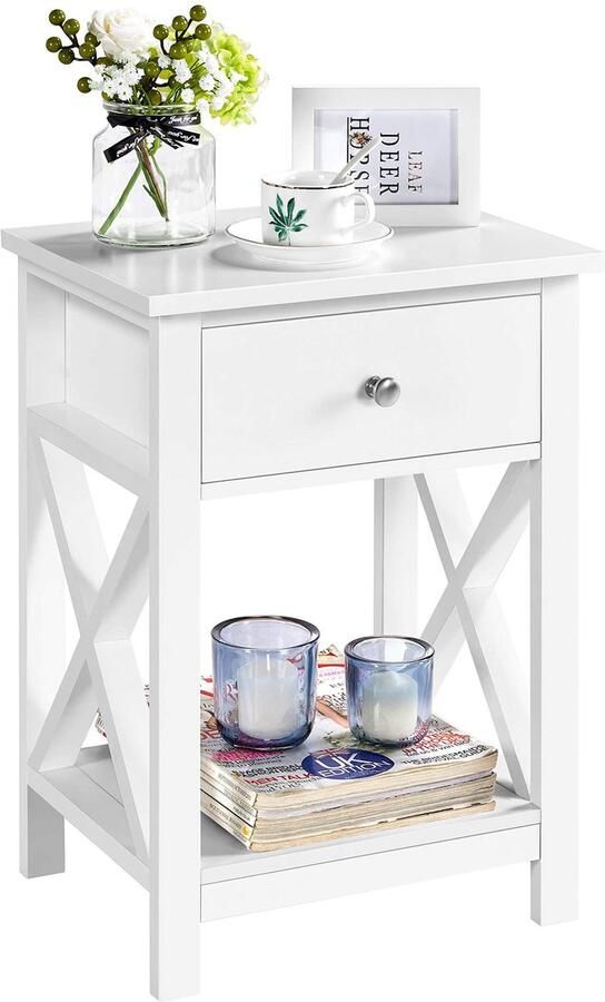 Nachtkastje bijzettafel met lade en plank woonkamer slaapkamer eenvoudige montage ruimtebesparend Scandinavisch design wit