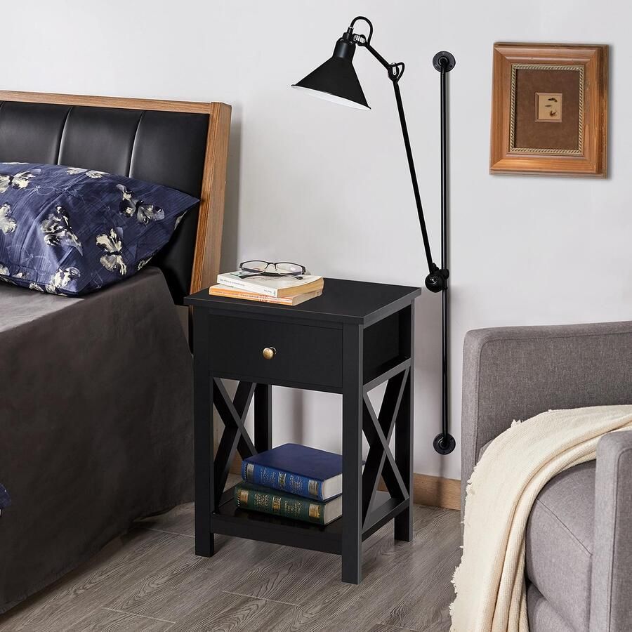 Nachtkastje bijzettafel met lade en plank woonkamer slaapkamer eenvoudige montage ruimtebesparend Scandinavisch design zwart