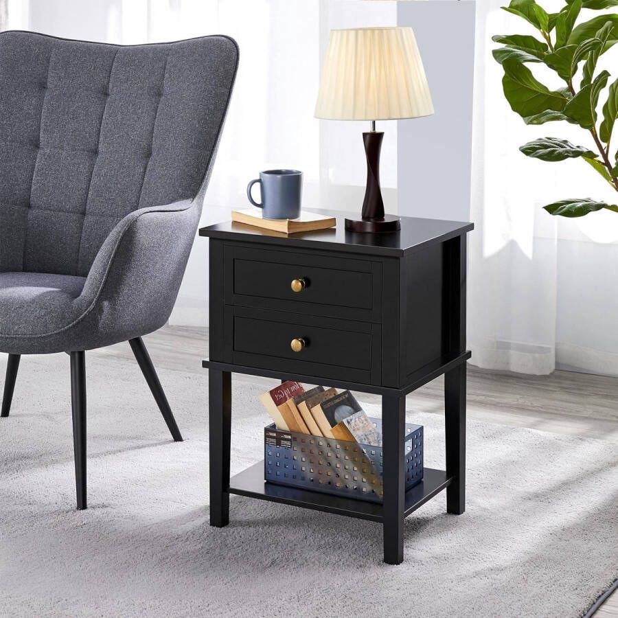 Nachtkastje bijzettafel met laden en plank nachtkastje slaapkamer woonkamer eenvoudige montage hout Scandinavisch design zwart - Foto 2