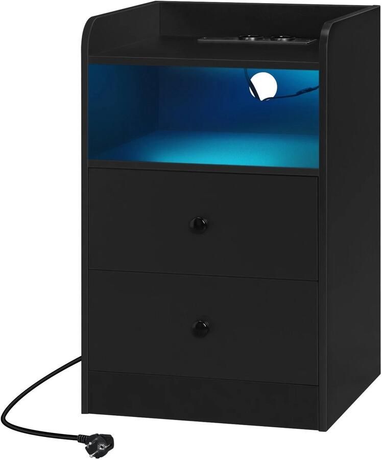 Nachtkastje Bijzettafel Nachtkastje met Oplaadstation – 2 USB-poorten 2 Stopcontacten – Bijzettafel met Verstelbare LED-Verlichting – Houten Overbedtafel – Modern Slaapkamermeubel 40x64x35 cm Zwart