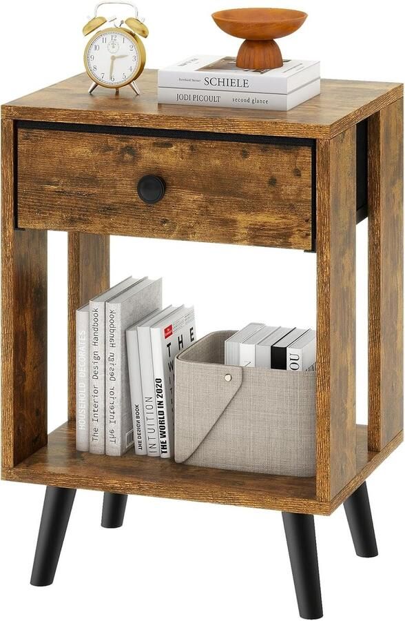 Nachtkastje bijzettafel nachtkastje stoffen laden en open vak massief houten poten modern eenvoudige montage voor slaapkamer en woonkamer rustiek bruin