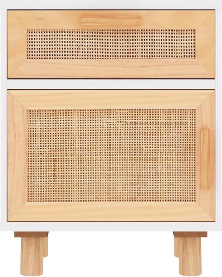 Nachtkastje bijzettafel nachtkastje wit massief grenenhout en natuurlijk rotan