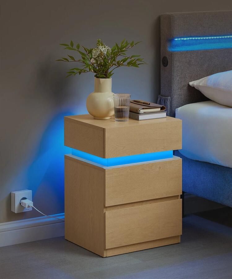 Corenia Nachtkastje Bijzettafel Salontafel Verstelbare Kleuren & Modus Kast met 3 Lades met LED Verlichting Moderne voor Slaapkamer Woonkamer Kantoor Khaki