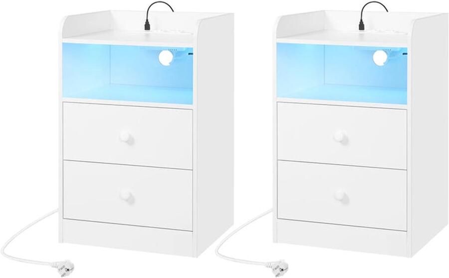 Nachtkastje Bijzettafel Set van 2 Nachtkastje met Oplaadstation – 2 USB-poorten 2 Stopcontacten – Bijzettafel met Verstelbare LED-Verlichting – Houten Overbedtafel – Modern Slaapkamermeubel 40x64x35 cm Wit