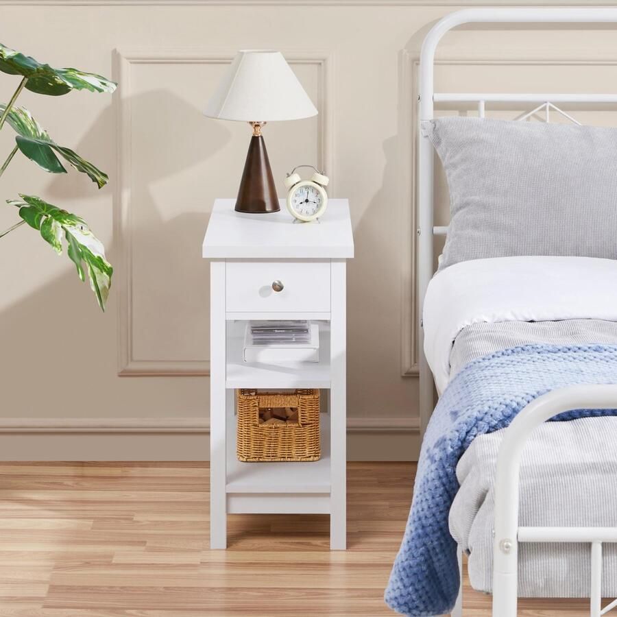 Nachtkastje bijzettafel van MDF 3 niveaus nachtkastje met 2 planken en laden moderne salontafel telefoontafel gangtafel voor woonkamer en slaapkamer wit
