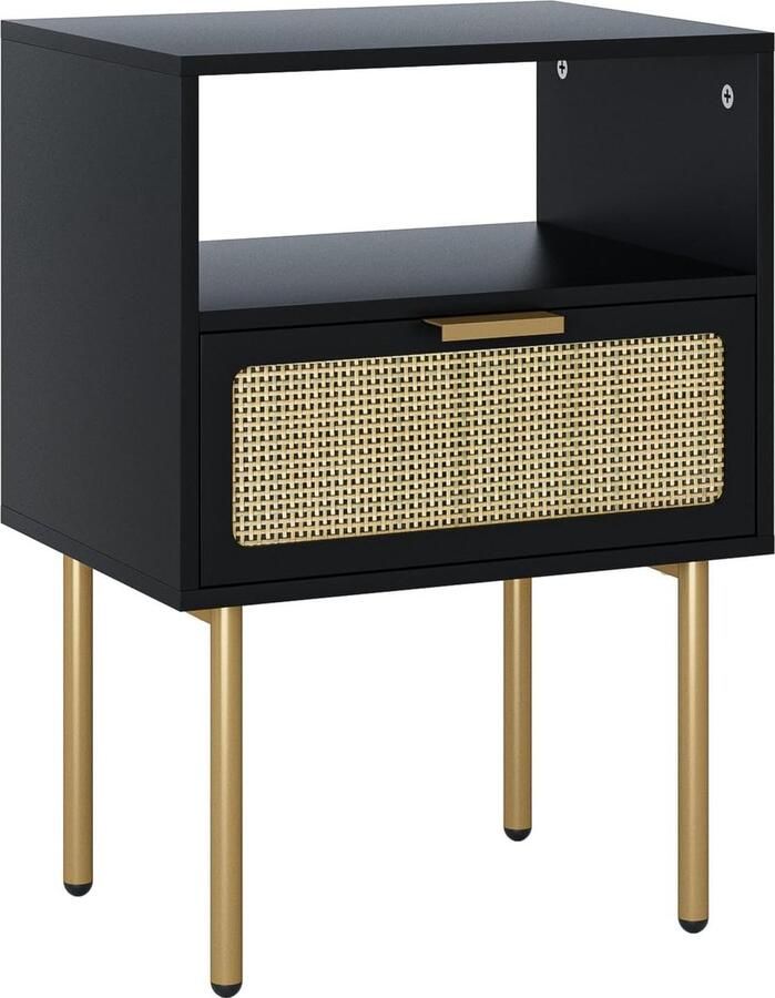 Nachtkastje boho bijzettafel met lade open rek nachtkastje zwart cane accent nachtkastje met massief houten poten voor slaapkamer kleine ruimtes