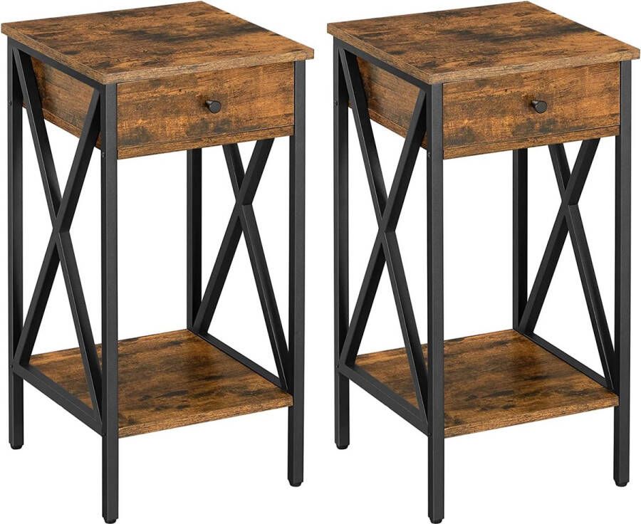 Nachtkastje boxspringbed set van 2 bijzettafel nachtcommode 70 cm hoog met lade industrieel design metalen frame vintage bruin-zwart LET782B01