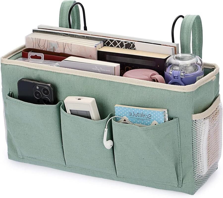 Allecto Plus Nachtkastje Caddy Organizer met vaste bandjes en metalen haak Groen Slaapkameropberger met handige opbergvakken