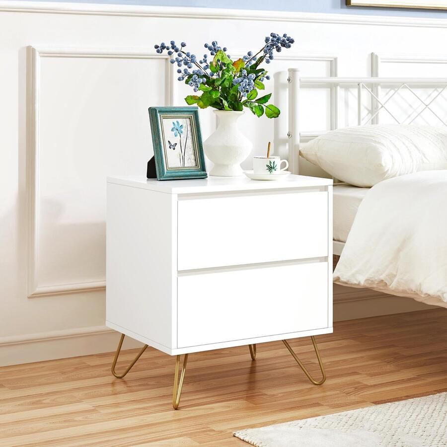 Nachtkastje commode bijzettafel nachtkastje kast 2 laden poten van metaal wit