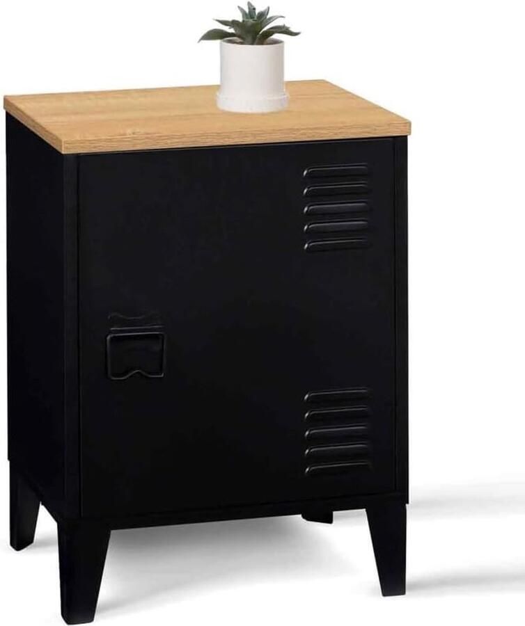 Nachtkastje Ester 1 deur van zwart metaal en plaat in beuken look industrieel design