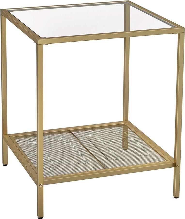 ZaZa Home & Office ZAZA Home bijzettafel nachtkastje legplank van gehard glas stalen frame 45.5 x 45.5 x 55 cm goudkleurig