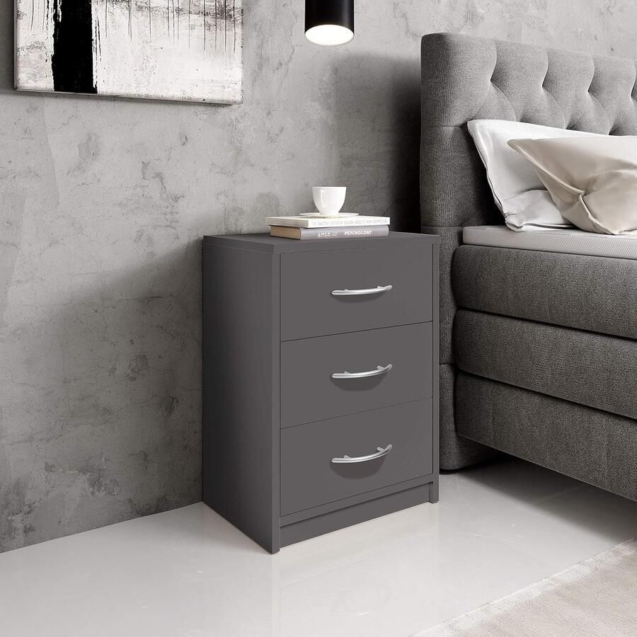 Nachtkastje grafiet eenvoudig nachtkastje met drie laden voor elk bed en slaapkamer 39 x 54 x 28 cm (B x H x D) Beside shelf - Foto 2
