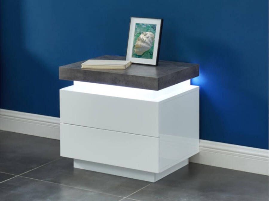 Vente-unique Nachtkastje 2 lades Gelakt mdf Met ledverlichting wit en betongrijs HALO II L 55 cm x H 50 cm x D 40 cm - Foto 2