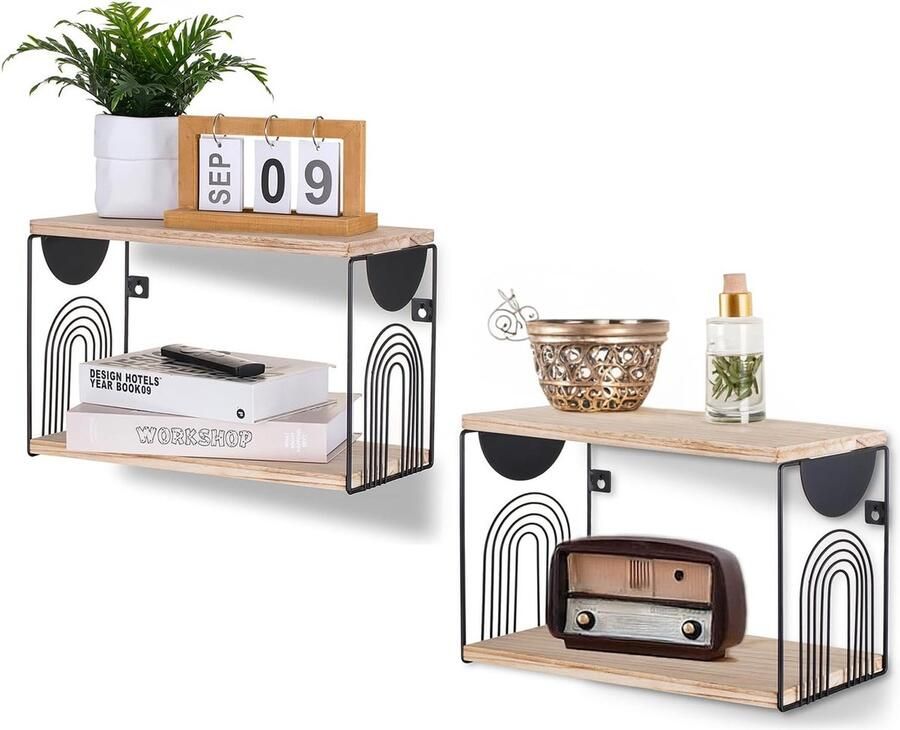Nachtkastje Hangend Houten Zwevende Plank: Wandplank Muur Kleine Nachtkast Wandgemonteerde Nachtkast Drijvend (2 Naturel)