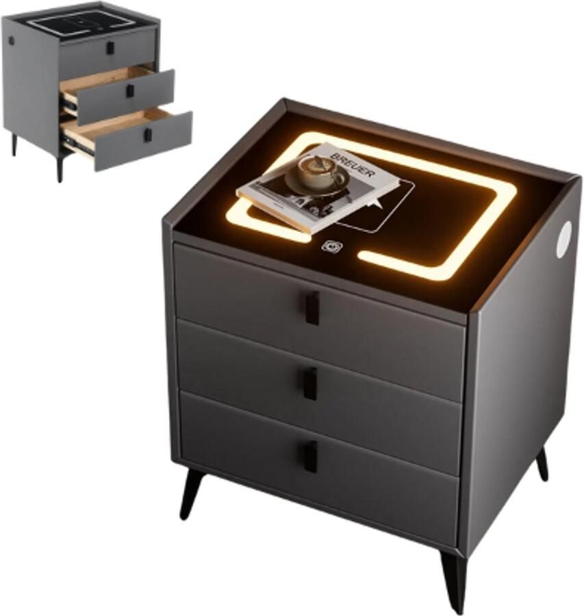 Livetastic Nachtkastje Hout Metaal Nachtkastjes – Draadloos opladen – LED-nachtlamp – 3 lades – Touchbediening – USB Type-C – 50x40x33 cm – Wit