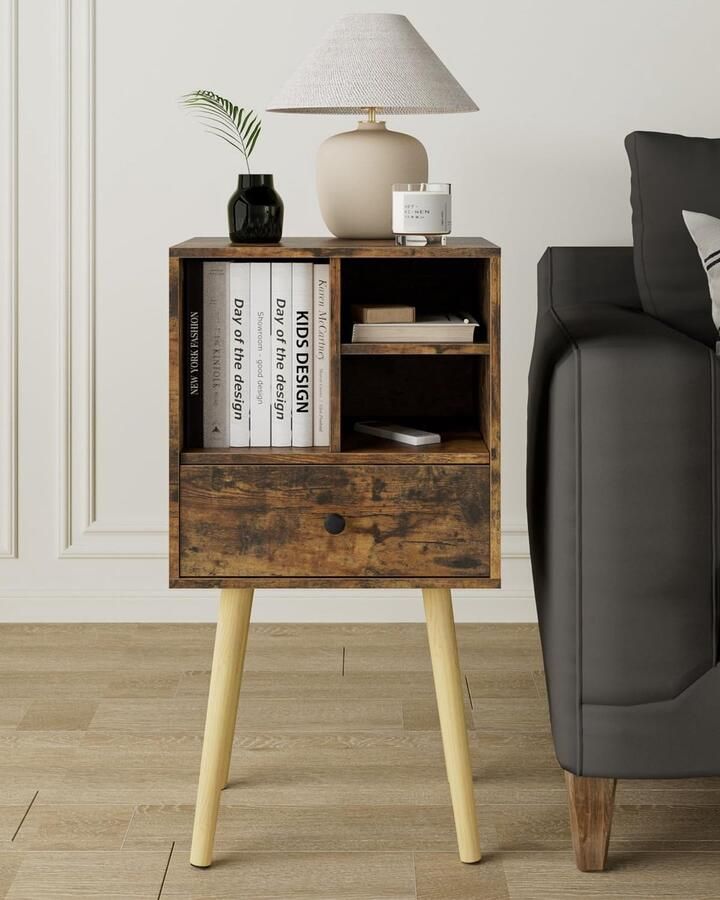 Nachtkastje houten nachtkastje modern Mid-Century-nachtkastje bijzettafel met lade hoge bijzettafel voor slaapkamer woonkamer retrobruin