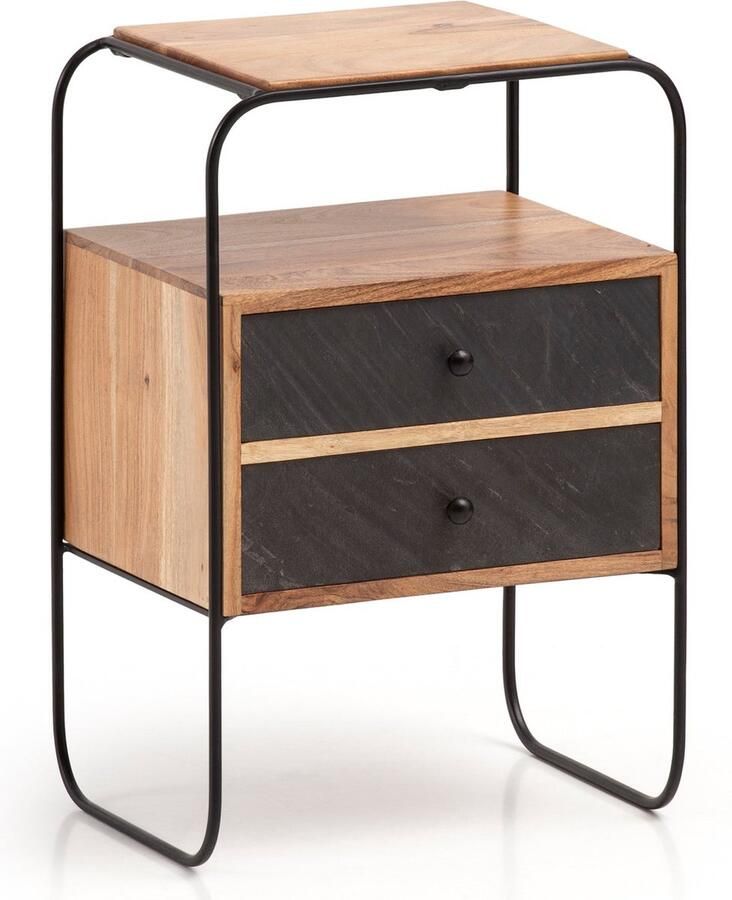 Rootz Living Rootz Nachtkastje in industriële stijl Nachtkastje Bijzettafeltje 3D Steenlook Natuurlijke houtnerf 40 cm x 60 cm x 30 cm