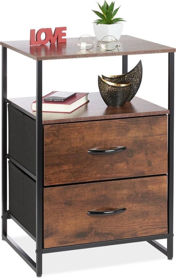 Nachtkastje industrieel 2 planken met 2 lades houtlook 70 x 45 x 40 cm zwart-bruin