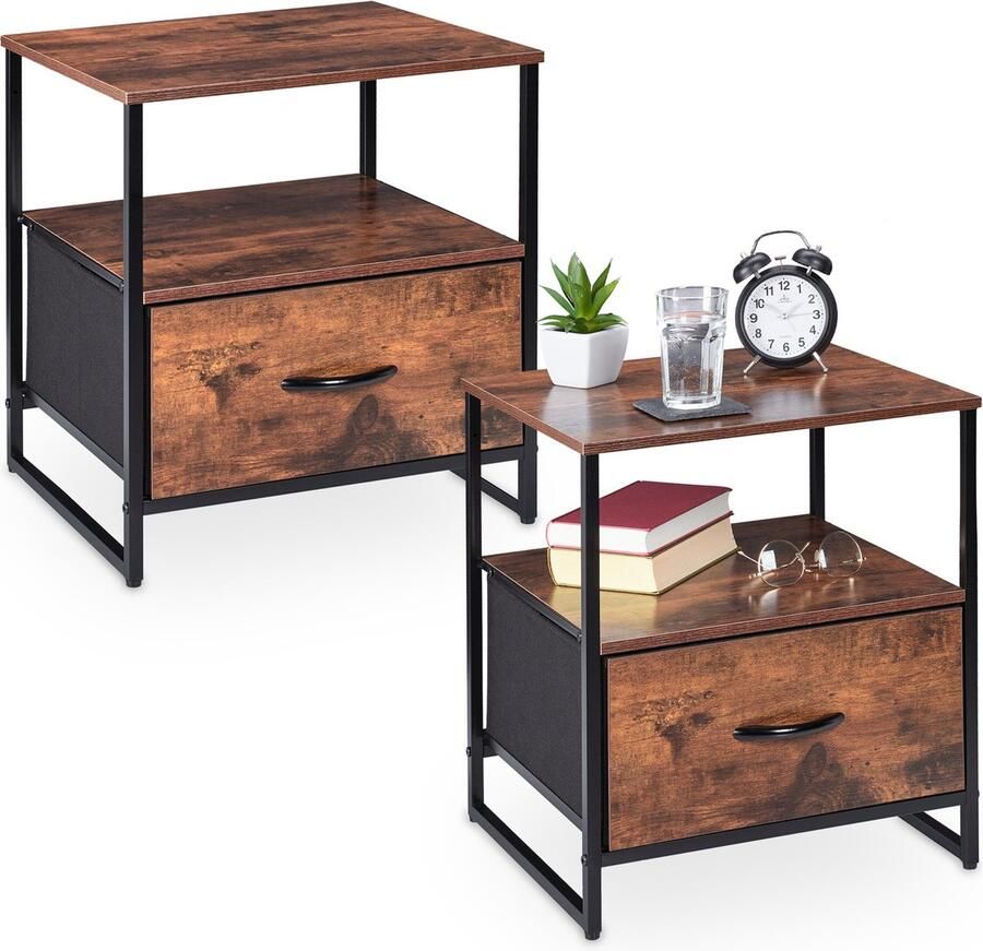 Relaxdays nachtkastje industrieel set van 2 50 x 45 x 42 5 cm met lade zwart-bruin