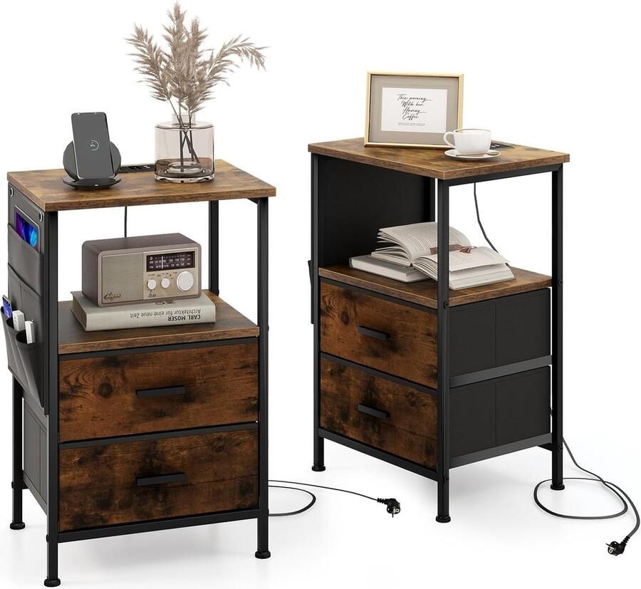 Nachtkastje Industrieel Set van 2 Tafel Woonkamer Opladen