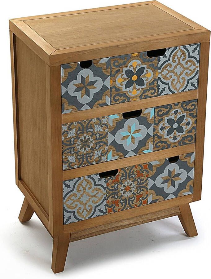 Nachtkastje Klein of extra tafeltje voor de slaapkamer met 3 lades afmetingen (H x L x B) 66 5 x 32 5 x 47 5 cm hout bruin grijs en blauw