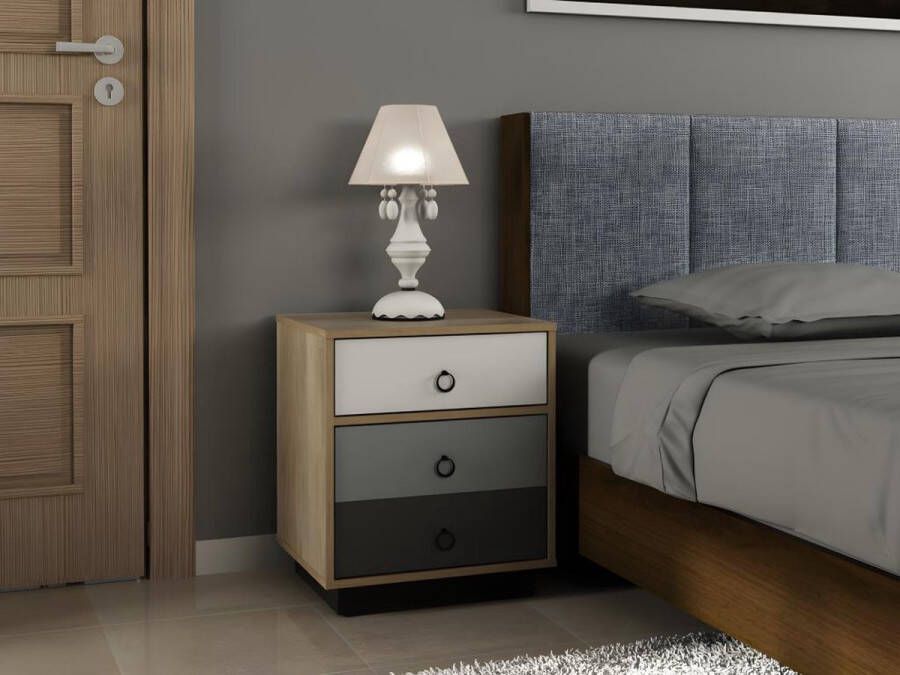 Vente-unique Nachtkastje KRYPTON 1 lade en 1 kast Kleuren: Naturel wit en grijs L 47.4 cm x H 55.3 cm x D 39.6 cm - Foto 2