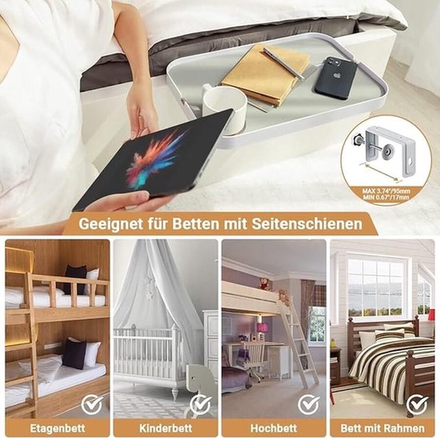 Nachtkastje lade Caddy Organizer voor boxspring bedden plaat bedden en platformbedden met matrasdikte 15 cm (5 9 ) verwijderbare bekerhouder siliconen pad koordhouder klem dempen ontwerp (model-1)