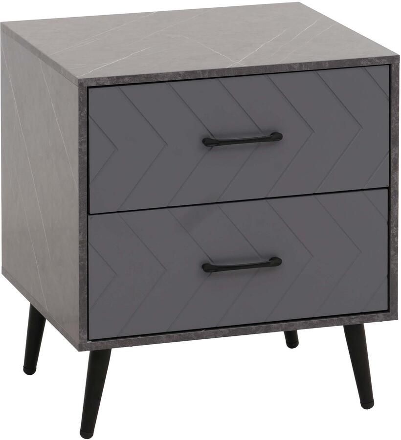 Nachtkastje MCW-N89 bijzettafel nachtkastje lade visgraatmotief melamine hout 55x48x40cm ~ marmer look grijs