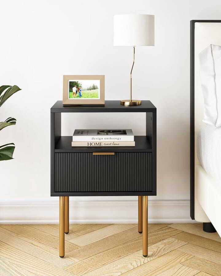 Nachtkastje met 1 open plank en 1 lade modern nachtkastje boho nachtkastje voor slaapkamer woonkamer zwart en goud