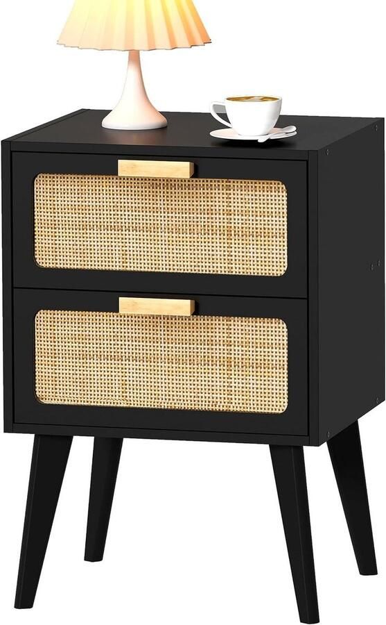 Nachtkastje met 2 handgemaakte rotan versierde laden Boho stijl zwart