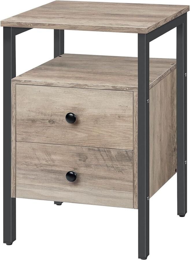 Nachtkastje met 2 laden 40x40x61 cm Industriële stijl Grijs en zwart Eenvoudig te monteren nachtkastje zwart 60 cm hoog