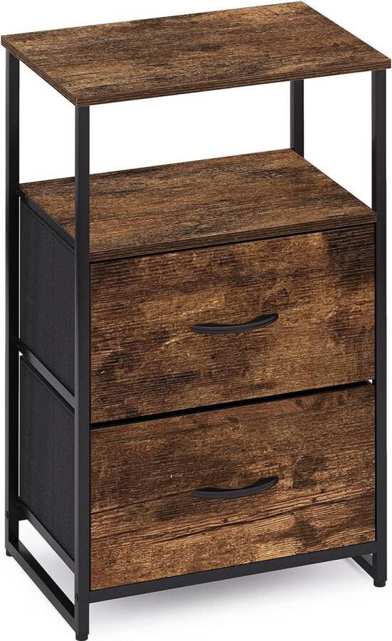 Geld.nl Nachtkastje met 2 laden en planken nachtkastje kast bijzettafel metaal commode kubus opbergmeubel bankpunt voor kantoor slaapkamer woonkamer staal hout zwart + bruin - Foto 2