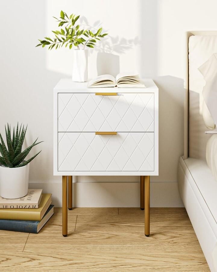 Nachtkastje met 2 laden Hout en gouden poten Moderne bedtafel Wit