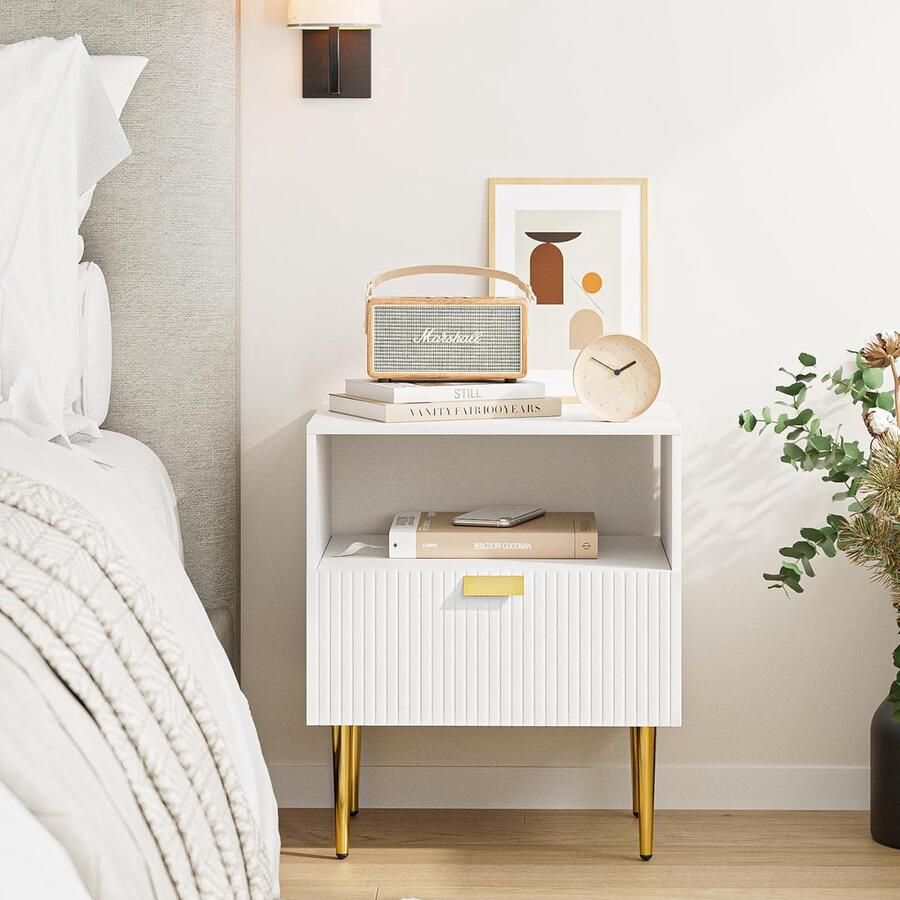 Nachtkastje met 2 laden modern nachtkastje boho nachtkastje voor woonkamer slaapkamer wit en goud