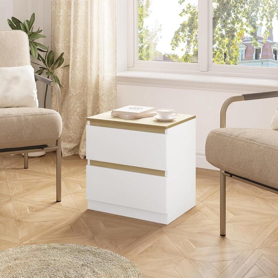 Nachtkastje met 2 laden nachtkastje bijzettafel modern voor slaapkamer en woonkamer 40 x 41 x 30 cm van hout wit licht eiken