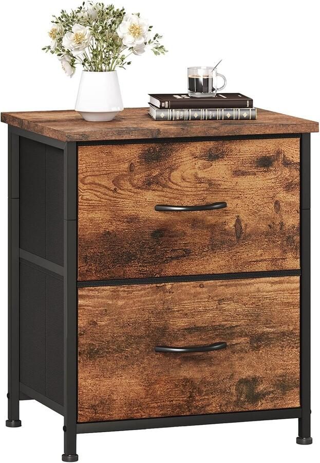Nachtkastje met 2 laden van stof bijzettafel klein met metalen frame nachtkastje kleine kast voor slaapkamer woonkamer kinderkamer houtnerf