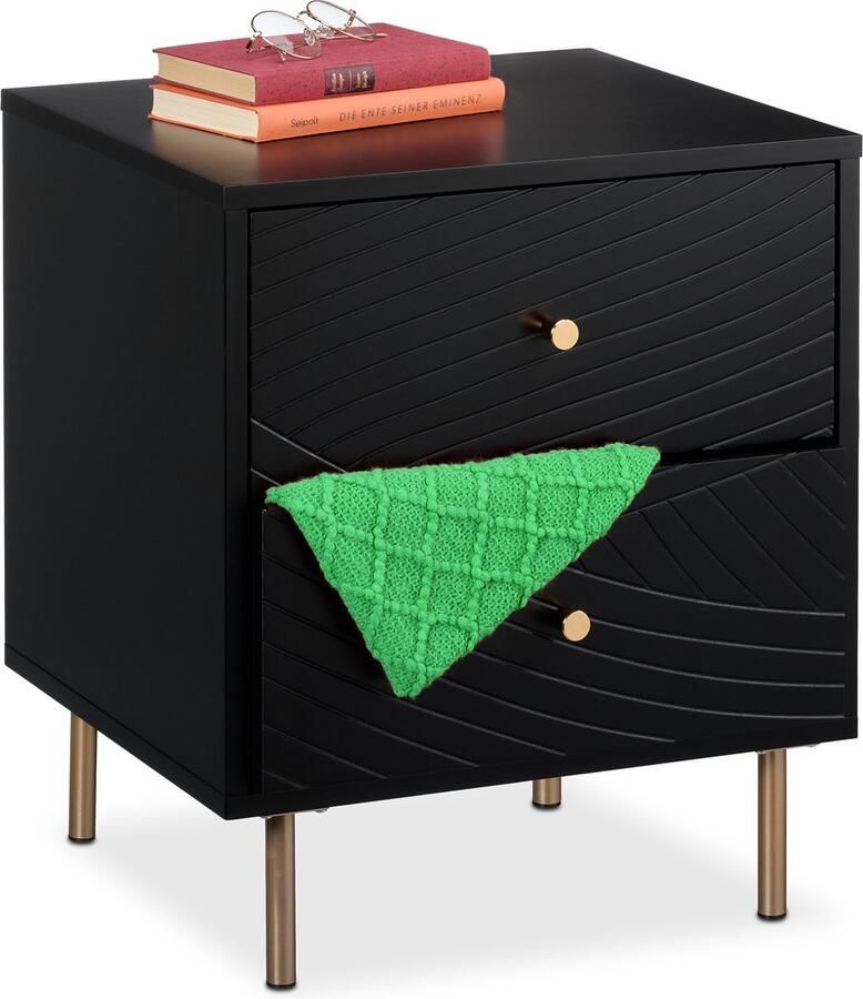 Relaxdays nachtkastje met 2 lades 52 x 45 x 40 cm slaapkamer ladekast zwart goud Pak van 1