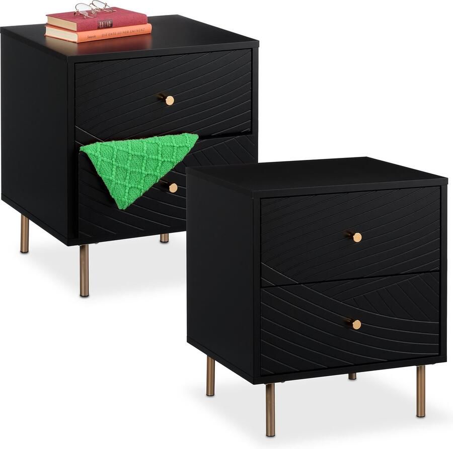 Relaxdays nachtkastje met 2 lades set van 2 52 x 45 x 40 cm slaapkamer zwart goud Pak van 2
